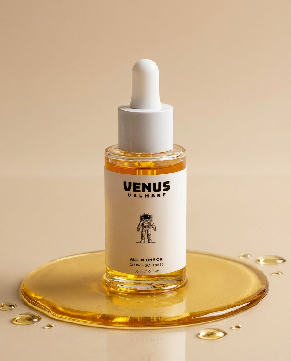 Facial oil bottle with natural botanical ingredients for glowing skin.