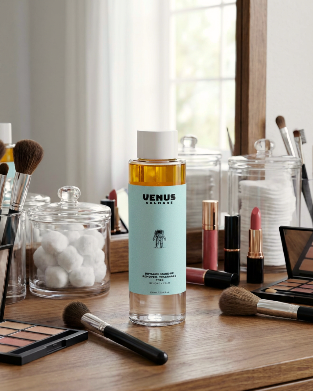 Biphasic makeup remover bottle, clear two-phase cleansing liquid.